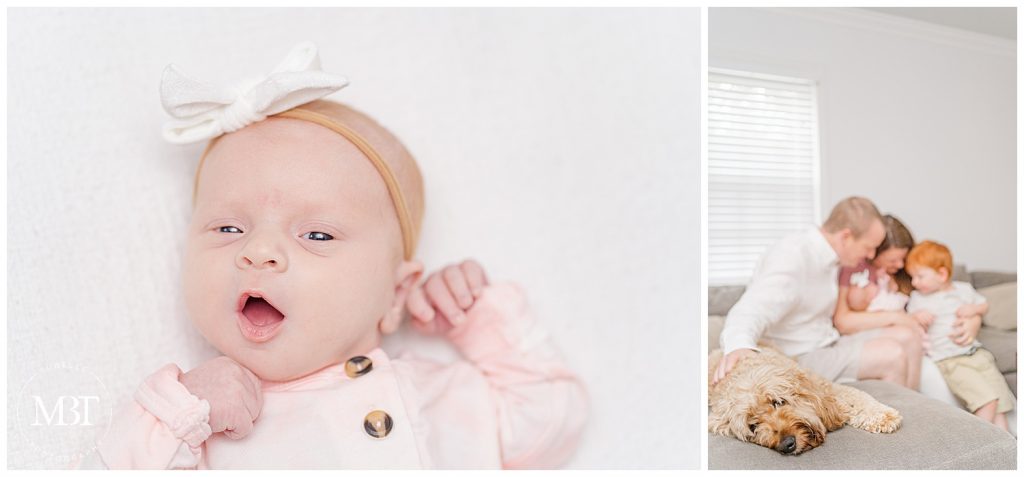 in-home newborn pictures in arlington virginia taken by TuBelle Photography a Northern Virginia newborn photographer with whole family and dog