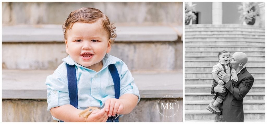 Dad holding son in his arms, kissing his cheek on the Airlie Spanish Steps at their Fall Mini Session taken by TuBelle Photography, a Northern Virginia Photographer.