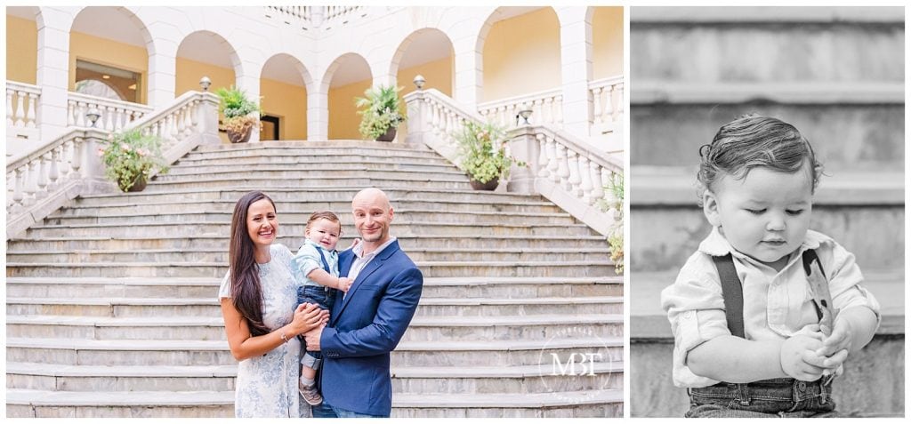 Mom and Dad holding son on Airlie Steps and little boy sitting on steps at their Fall Mini Session taken by TuBelle Photography, a Prince William County Photographer.