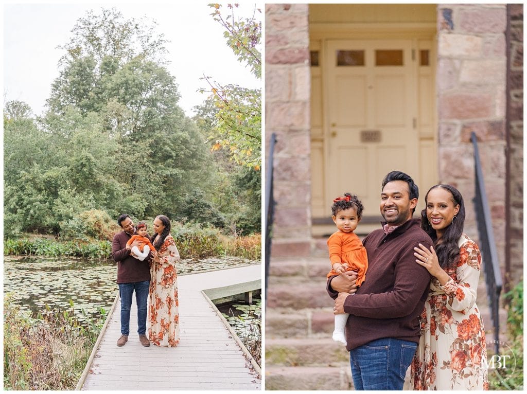 Fall family portraits of mom, dad and baby girl smiling taken by Tubelle Photography, a NoVa Family Photographer. class=