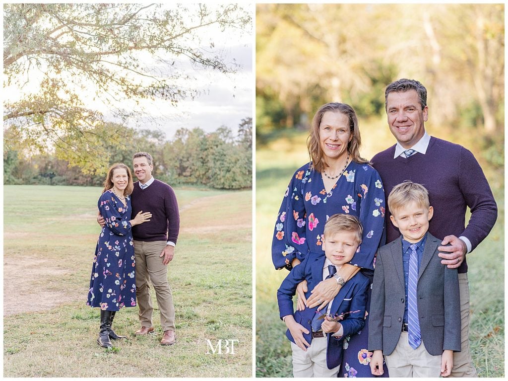 Mom and Dad smile and pose with their two sons at Ellanor C. Lawerence Park at their fall family pictures taken by TuBelle Photography, a DMV Family Photographer.