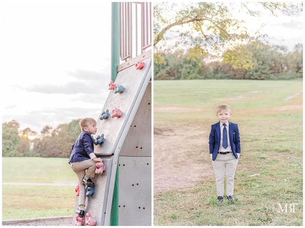 Little boy smiling and playing on climbing wall at Ellanor C. Lawrence Park in Northern VA taken by TuBelle Photography, a Fairfax County Family Photographer.