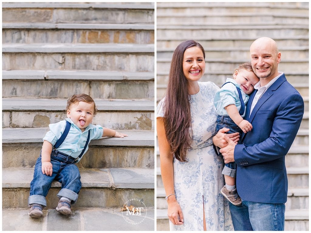 Mom and Dad holding son on Airlie Steps and little boy sticking out his tongue at their Fall Mini Photos taken by TuBelle Photography, a DMV Photographer.