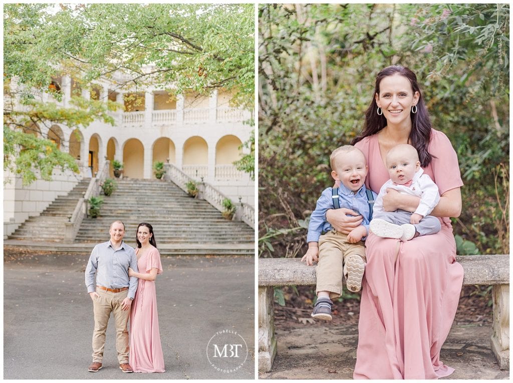 Mom holding sons in her lap while sitting on a bench at their fall family session in Warrenton, Virginia taken by TuBelle Photography, a Prince William County Virginia Family Photographer.
