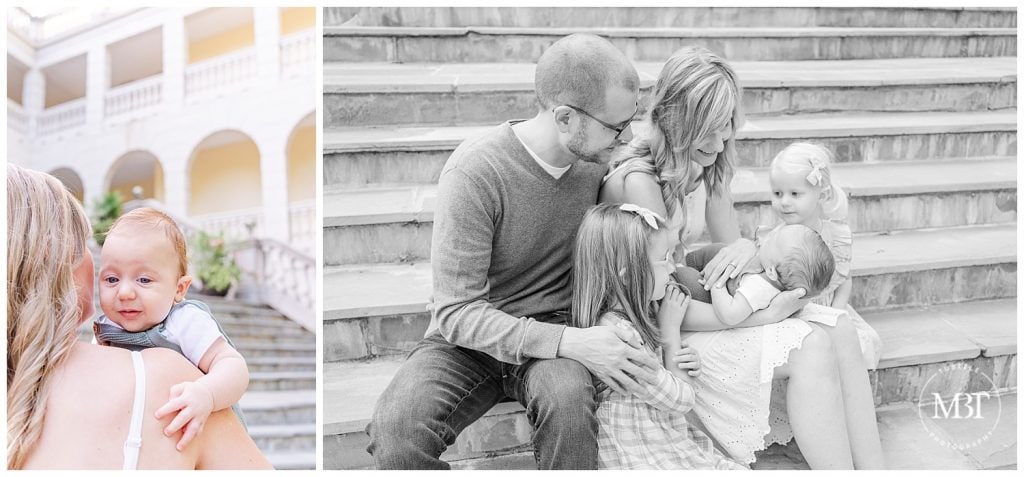 Mom, Dad and two sisters staring down smiling at baby brother in mom's arms on the Airlie steps. Taken by TuBelle Photography, a Prince William County Virginia Photographer at their NoVa Fall Mini Session.