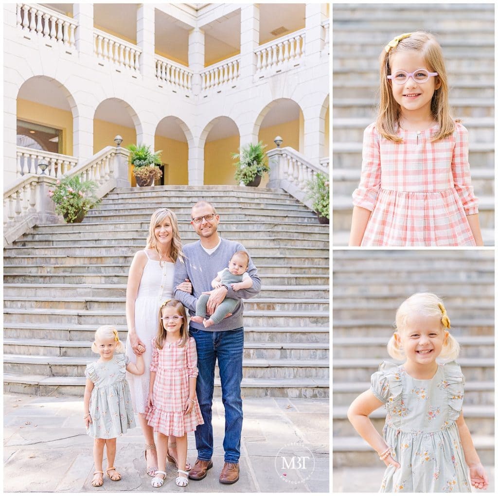 Mom, Dad, two sisters and baby brother standing on Airlie steps, smiling at the camera for their NoVa Fall Mini Photos taken by TuBelle Photography, a Northern Virginia Photographer.