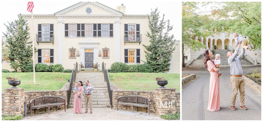 Mom and Dad holding sons in front of large estate at Airlie in Northern Virginia taken by TuBelle Photography, a DMV Family Photographer.