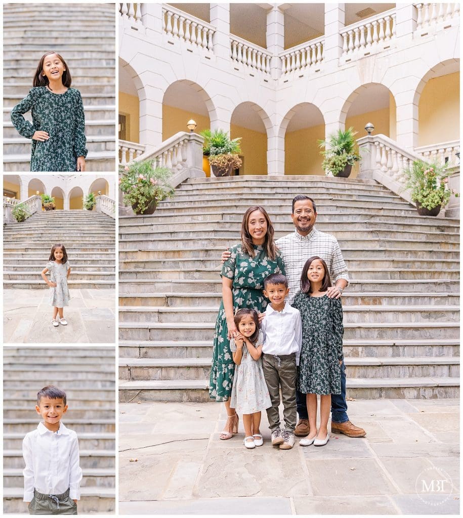 Mom, Dad, Two Sisters and Brother standing on Airlie Spanish Steps at their Fall Mini Pictures taken by Tubelle Photography, a Northern Virginia Fall Mini Photos Photographer.