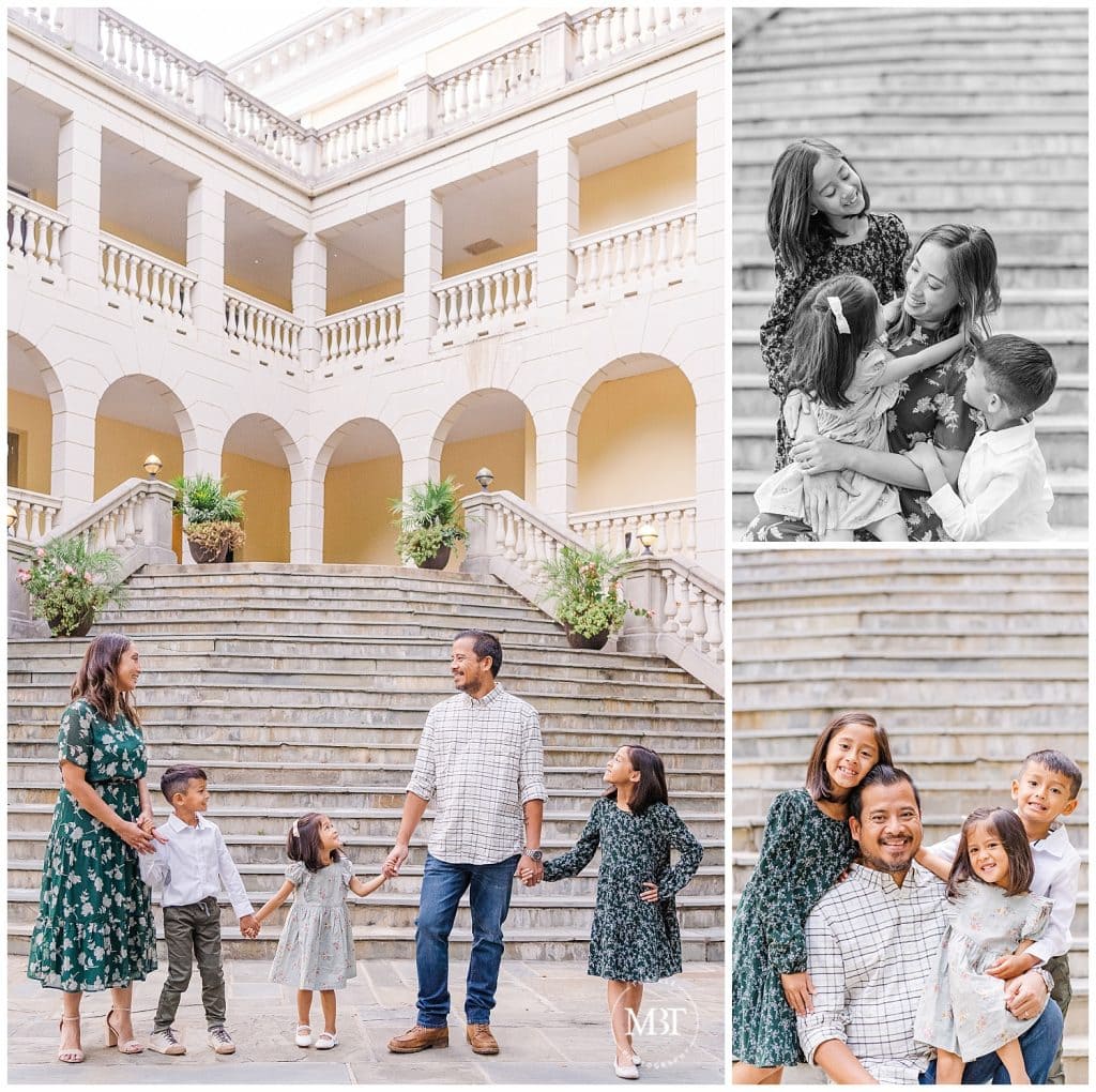 Mom, Dad, Two Sisters and Brother holding hands and hugging on Airlie Steps at their Fall Mini Photos taken by Tubelle Photography, a DMV Fall Mini Photographer.