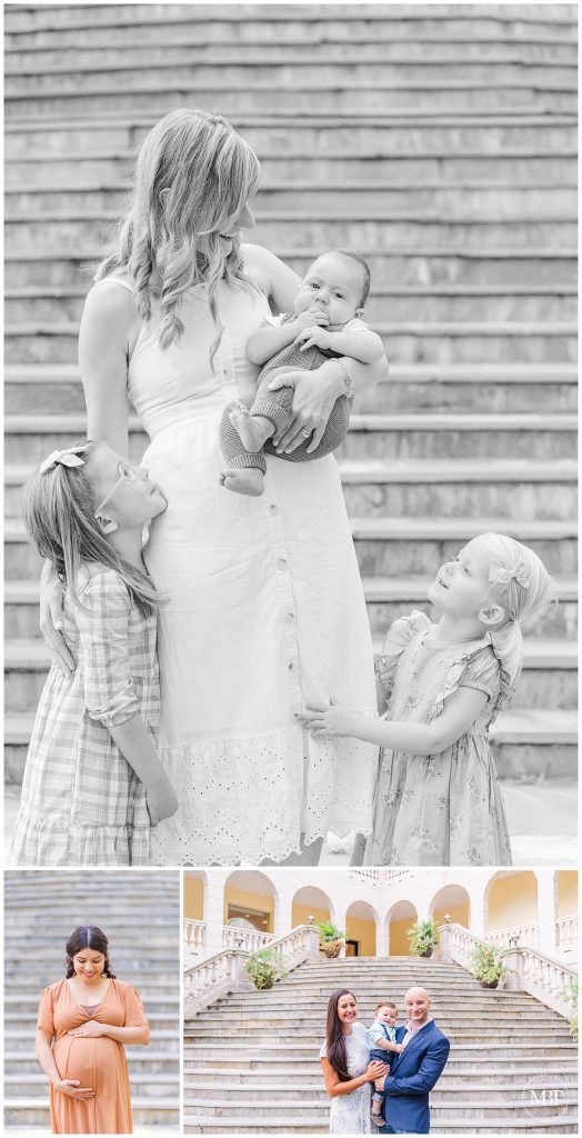 Expecting mother holding pregnancy bump, mother embracing her children at the Airlie Fall Mini Sessions taken by TuBelle Photography, a Northern Virginia Fall Mini Session Photographer.