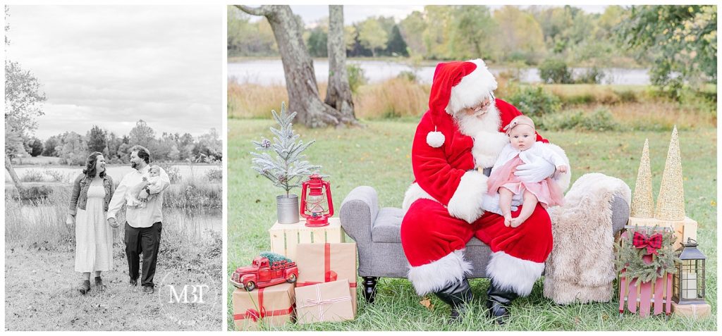Baby girl poses with Santa and Mom and Dad at her Christmas Mini Session taken by TuBelle Photography, a Northern Virginia Family Photographer.