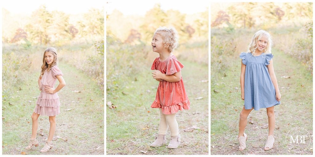 Three sisters strike a pose and smile for their fall mini session in Chantilly, Virginia taken by TuBelle Photography, a Northern Virginia Photographer.