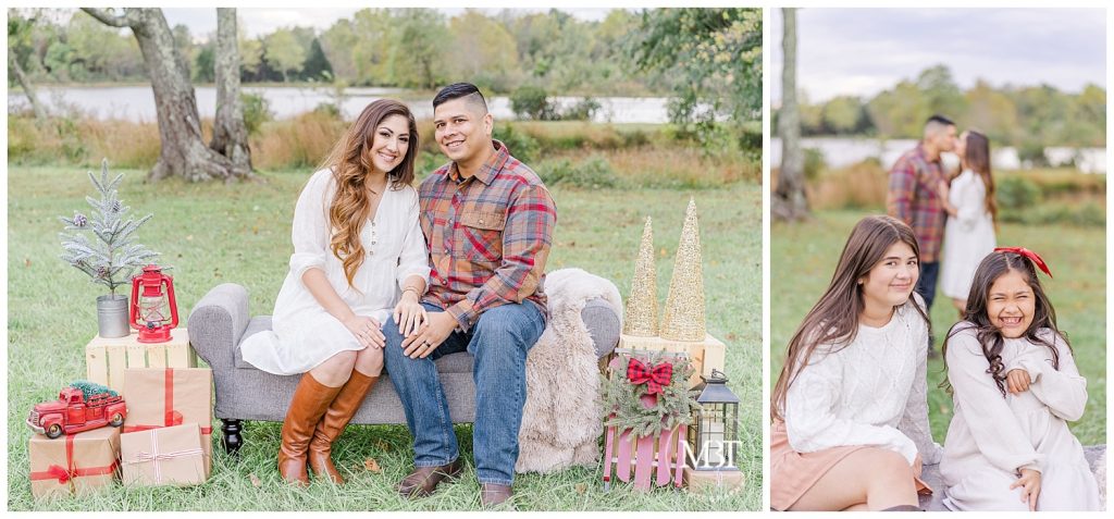 Daughters laugh as their parents kiss at their Christmas Mini Session taken by TuBelle Photography, a NoVa Family Photographer.