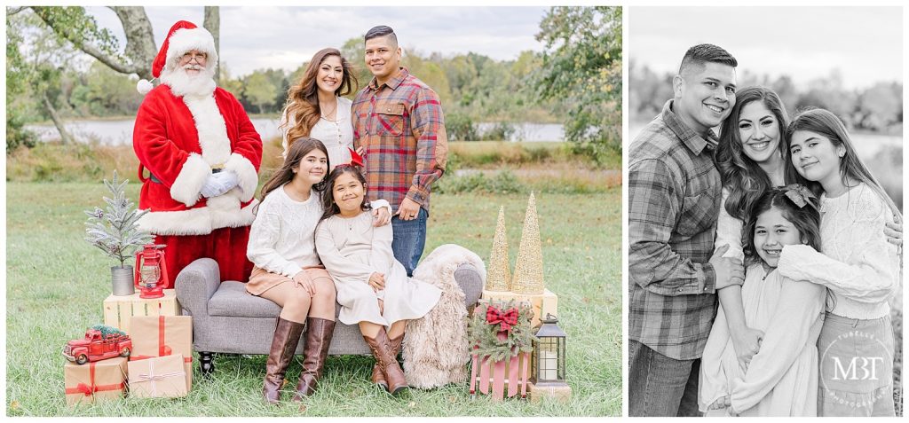Mom, Dad and two sisters pose with Santa at their outdoor Christmas Mini Session taken by TuBelle Photography, a NoVa Family Photographer.