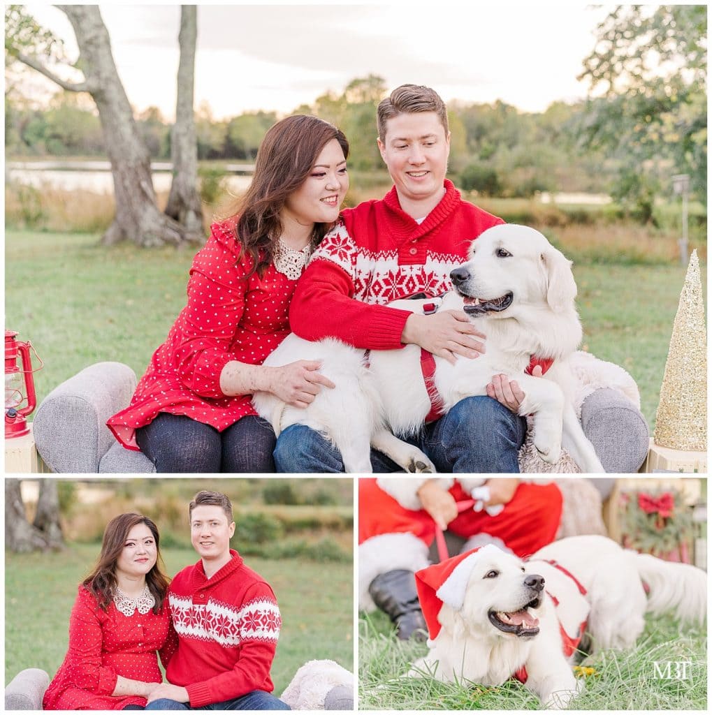Couple in red sweaters pose with their dog at their Christmas Minis taken by TuBelle Photography, a Northern Virginia Family Photographer.