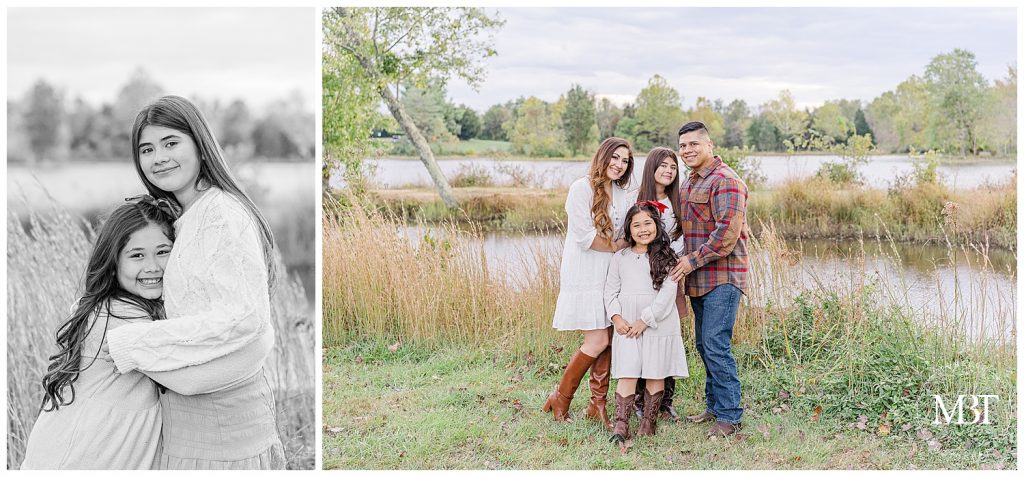 Two sisters smile and hug at their Christmas Mini Session taken by TuBelle Photography, a DMV Family Photographer.