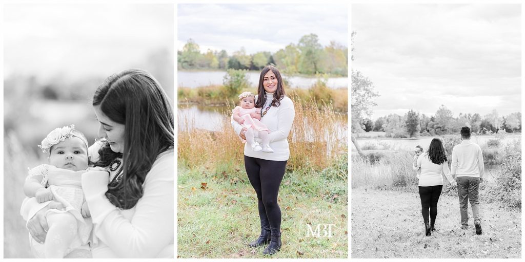 Mom holds baby girl at their outdoor christmas minis taken by TuBelle Photography, a Northern Virginia Family Photographer.
