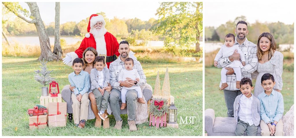 Mom, Dad, two sons and daughter pose with Santa at their outdoor Christmas Mini Session taken by TuBelle Photography, a NoVa Family Photographer.
