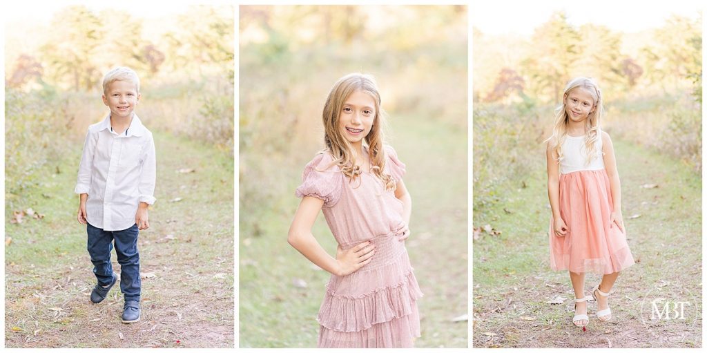 Brother and two sisters pose in a field for their fall mini session taken by TuBelle Photography, a Fairfax County, Virginia Photographer.
