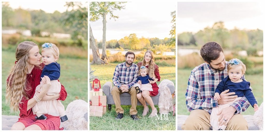 Baby Girl sits on Mom and Dad's lap for their Christmas Minis taken by TuBelle Photography, a Northern Virginia Family Photographer.