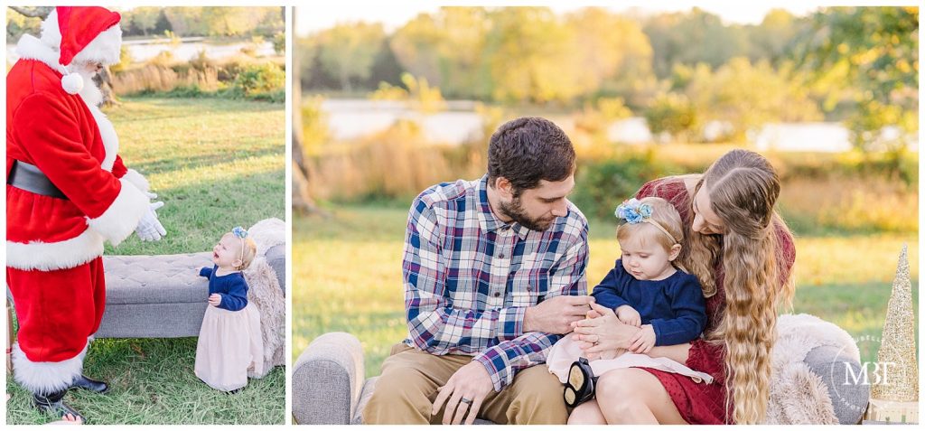 Baby girl laughs at Santa at her Christmas Mini Session taken by TuBelle Photography, a NoVa Family Photographer.
