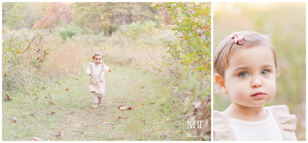 Baby girl running in field at her Fall Minis taken by TuBelle Photography, a Northern Virginia Photographer.