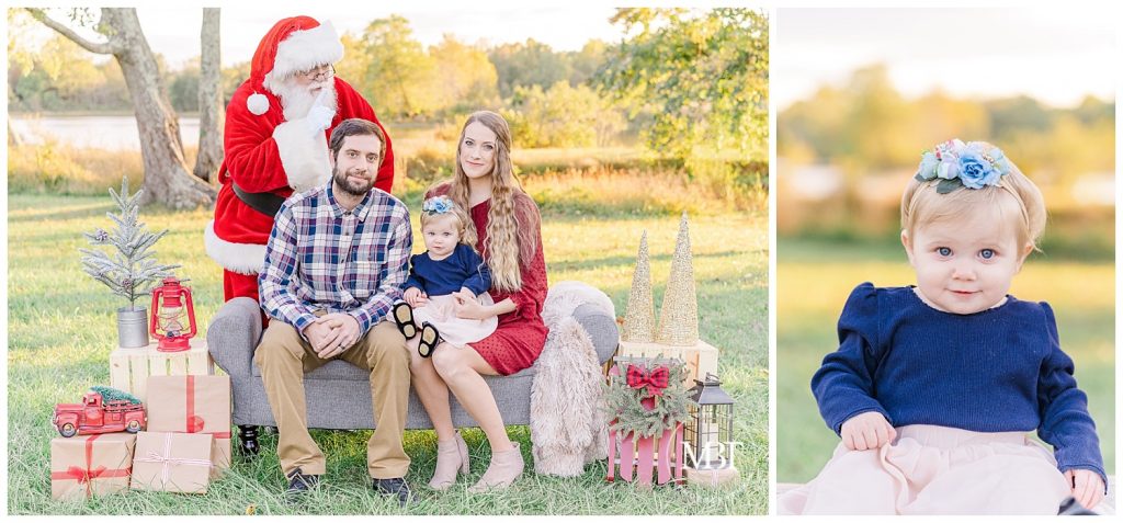 Mom, Dad and Baby girl pose with Santa at their outdoor Christmas Mini Session taken by TuBelle Photography, a NoVa Family Photographer.