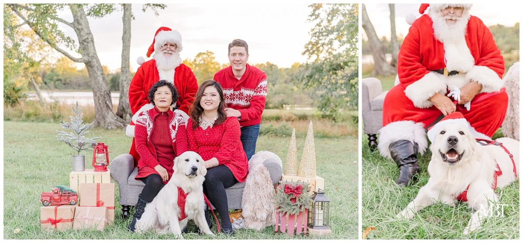 Family in red sweaters pose with Santa and their dog at their outdoor Christmas Mini Sessions taken by TuBelle Photography, a DMV Family Photographer.